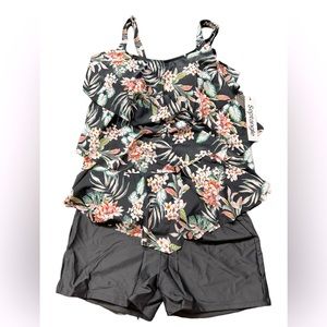 SEPTANGLE plus size 16 tankini swimwear set with solid black boy shorts bottom